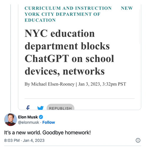 Elon Musk Tweet about using ChatGPT for Homework